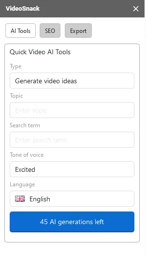videosnack ai tools and export